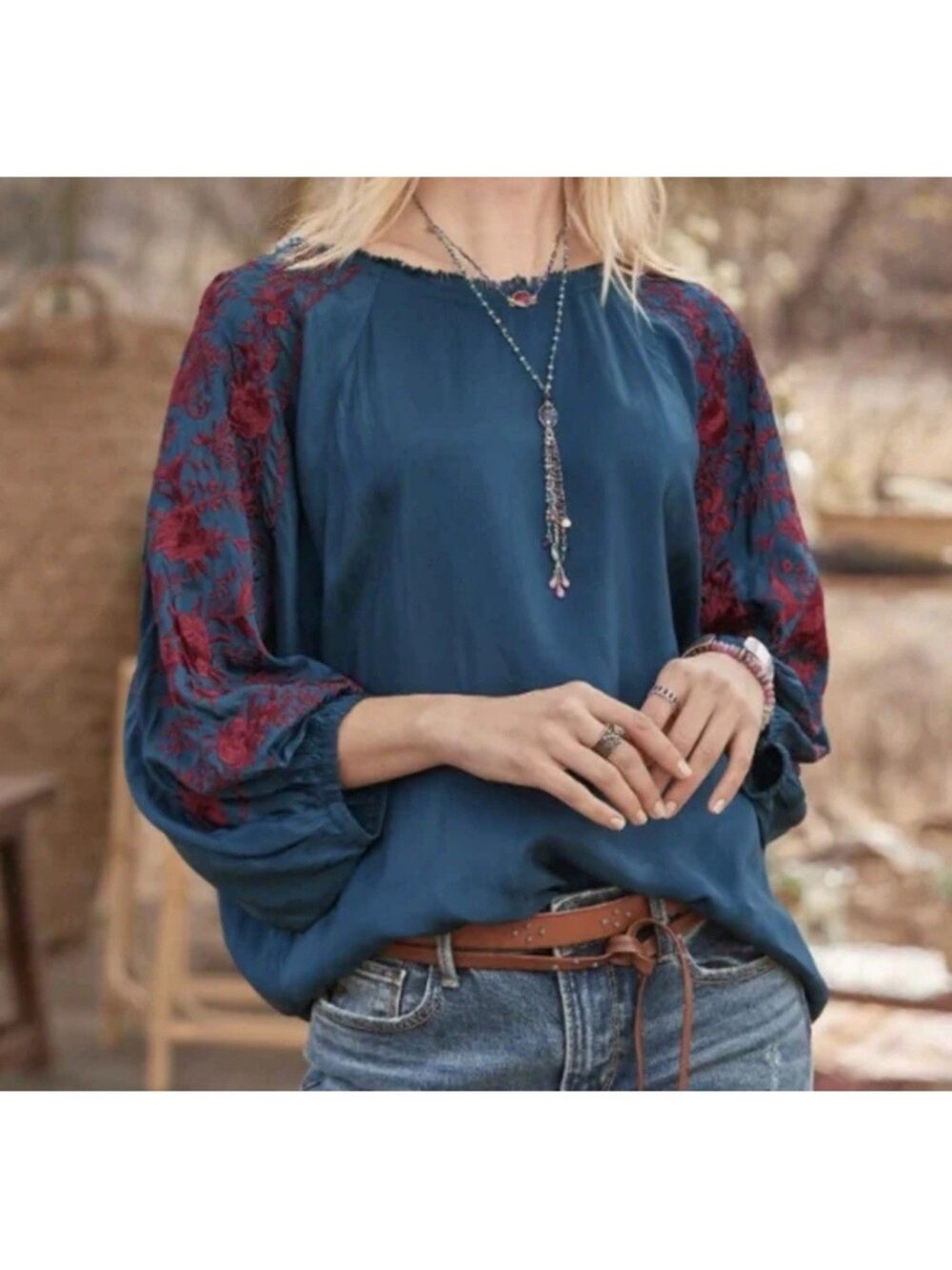 Women SUNDANCE Blouse Embroidered Viscose Teal Blue Burgundy-Boho Western-XL